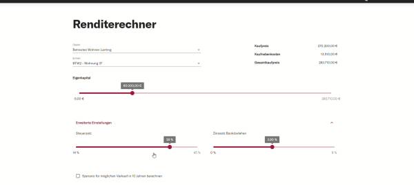 Der Renditerechner lässt sich intuitiv bedienen: Objekt wählen, Eigenkapital,  …