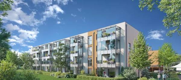 Auf der Visualisierung des Betreuten Wohnens sind die Balkone mit dem gläserne …