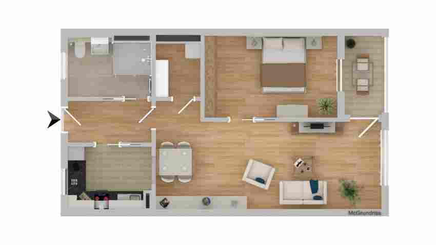 Wohnungsbeispiel einer 2-Zimmer-Wohnung mit Terrasse oder Loggia