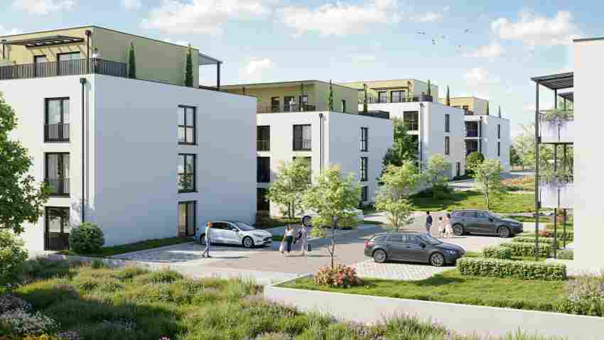 Das Ensemble aus drei Gebäuden bietet 130 altersgerechte Wohneinheiten (Visualisierung, Änderungen vorbehalten). Das Ensemble aus drei Gebäuden bietet 130 altersgerechte Wohneinheiten (Visu ...